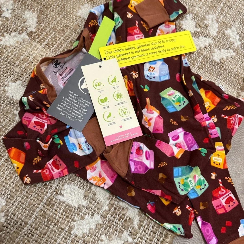 New Boutique Bamboo Milk Theme Long Sleeve Pajamas Set 12-18 Months Boy Girl
